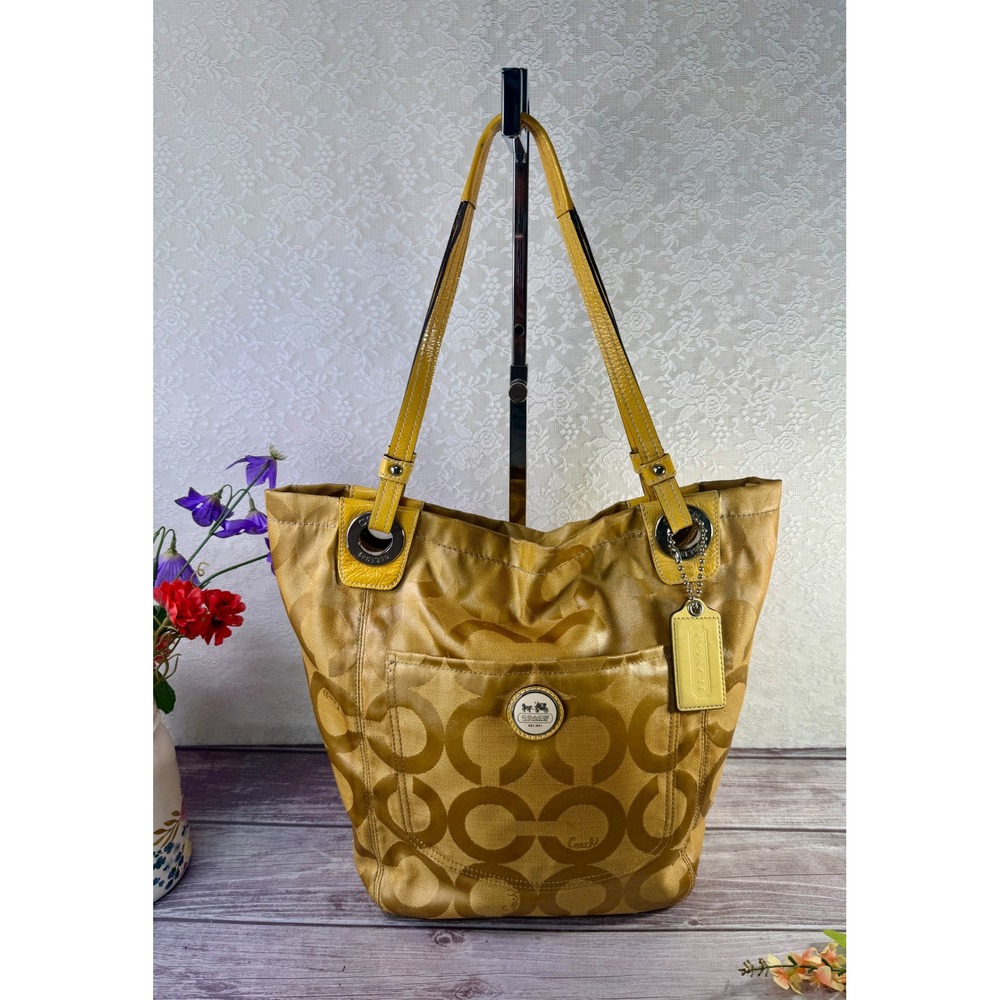 Coach Op Art Maggie Shoulder Bag Mustard Yellow Jacquard Patent Leather‎ 14264